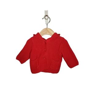 Baby Gap 0-3m Cherry Red Cotton Garter Bear Ear Hooded Button Sweater Jacket
